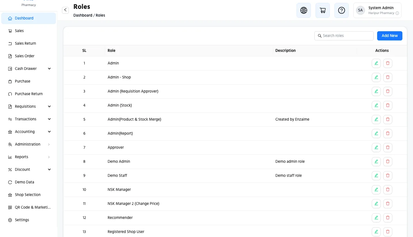 The roles screen